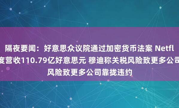 隔夜要闻：好意思众议院通过加密货币法案 Netflix第二季度营收110.79亿好意思元 穆迪称关税风险致更多公司靠拢违约